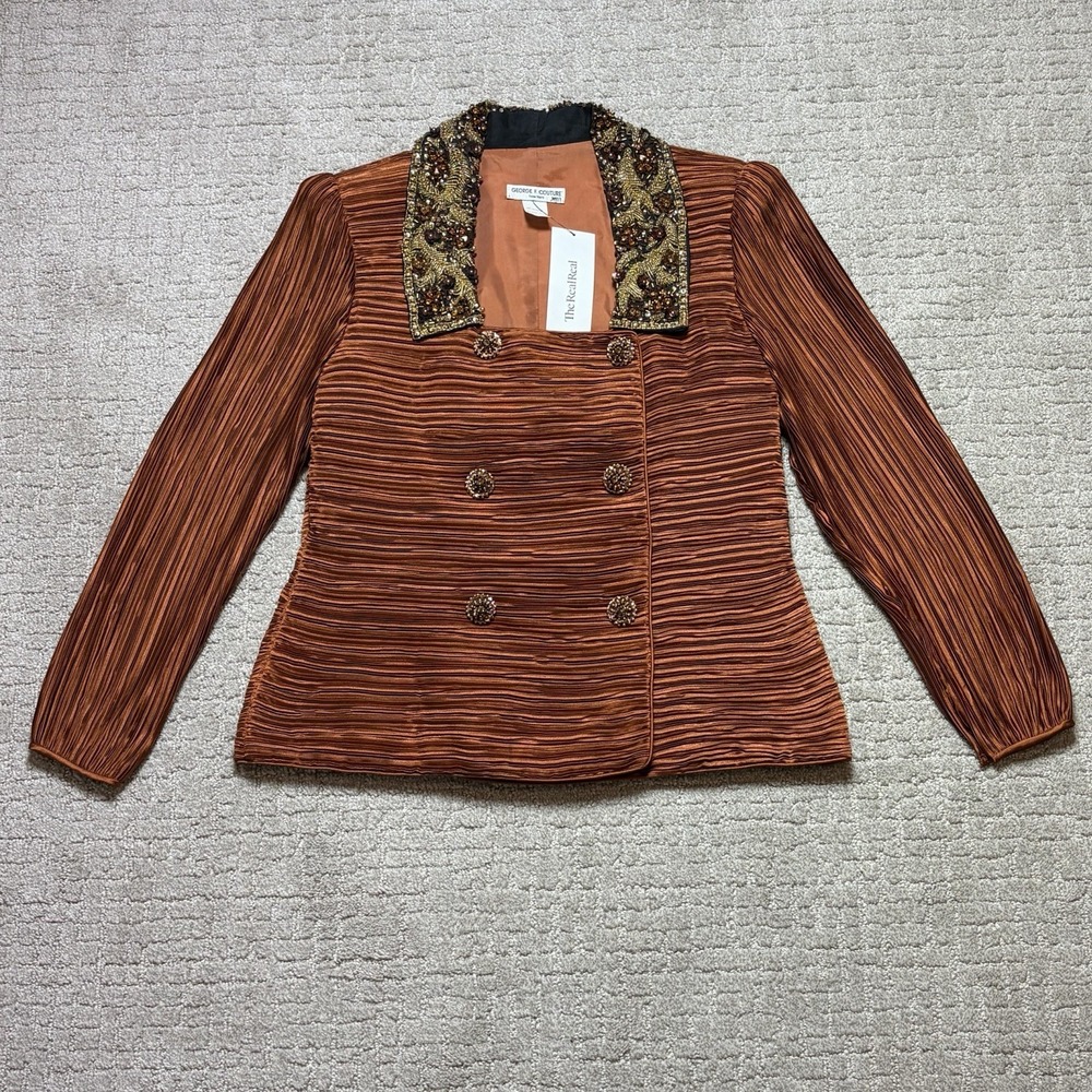VTG George F Couture Double Breasted Pleated Metallic Blazer Plisse Beaded M USA